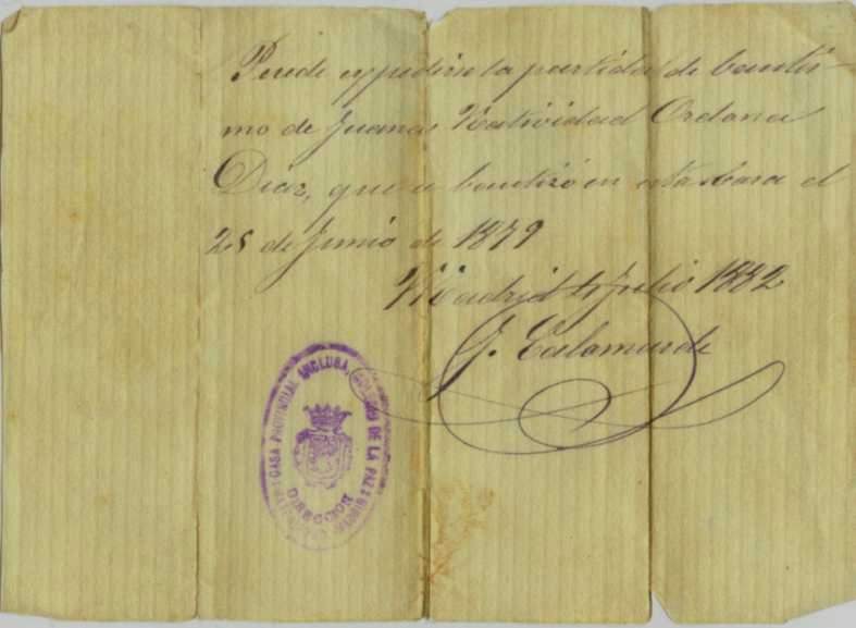 Christening certificate
of Juana Natividad
Ordana Diaz,
June 25, 1879