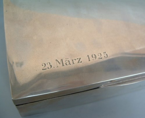 German silver cigarette box dedication date