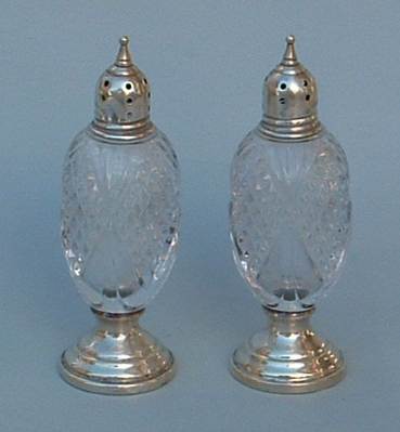 silver and crystal salt shakers: USA 20th century