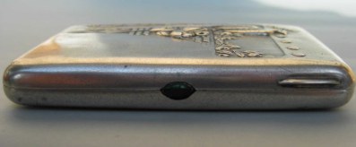 Russian silver cigarette case green stone cabochon thumbpiece