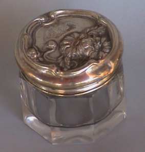 octagonal cut glass and antique silver dresser jar
