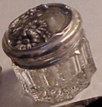 octagonal cut glass and antique silver dresser jar